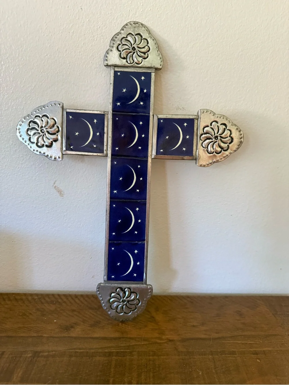 Talavera Style Metal & Blue Ceramic Tile Wall Cross 14” Moon Stars